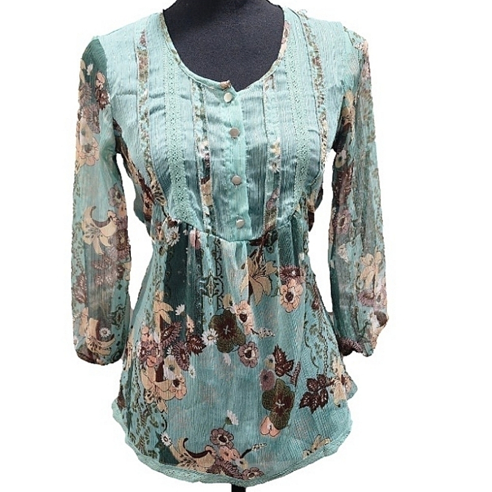 Floral Mint Green Peasant Blouse - Women